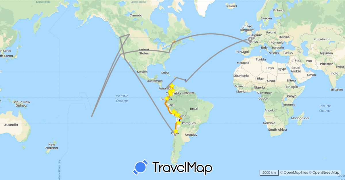 TravelMap itinerary: driving, plane, train, hiking, boat, bus, jeep, vélo in Bolivia, Canada, Chile, Colombia, Ecuador, France, Peru, United States (Europe, North America, South America)